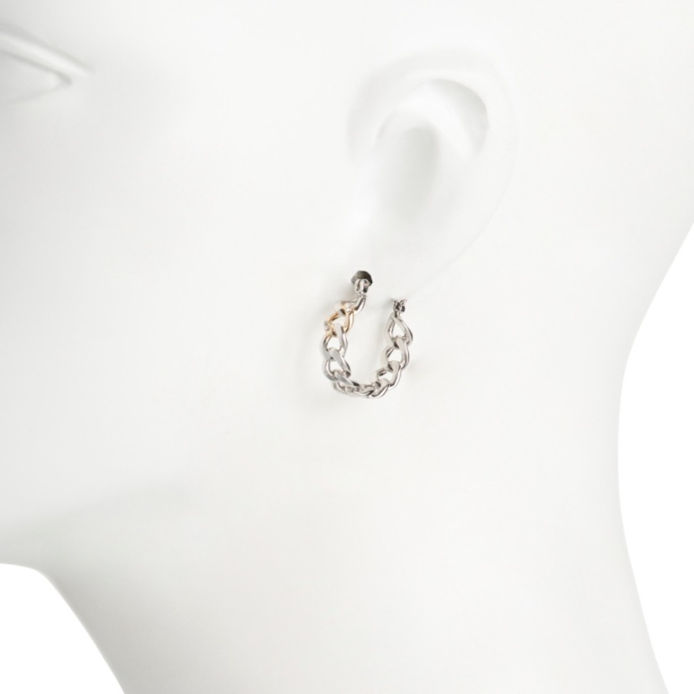 AllSaints Small Frozen Curb Chain Two Tone Brass Metal Accents Hoop Earrings New - Picture 2 of 2